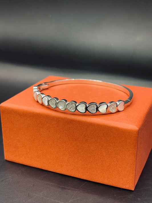 Pearly Enamel Heart with CZ Stone Sterling Silver Bangle TISA Silver Elegance