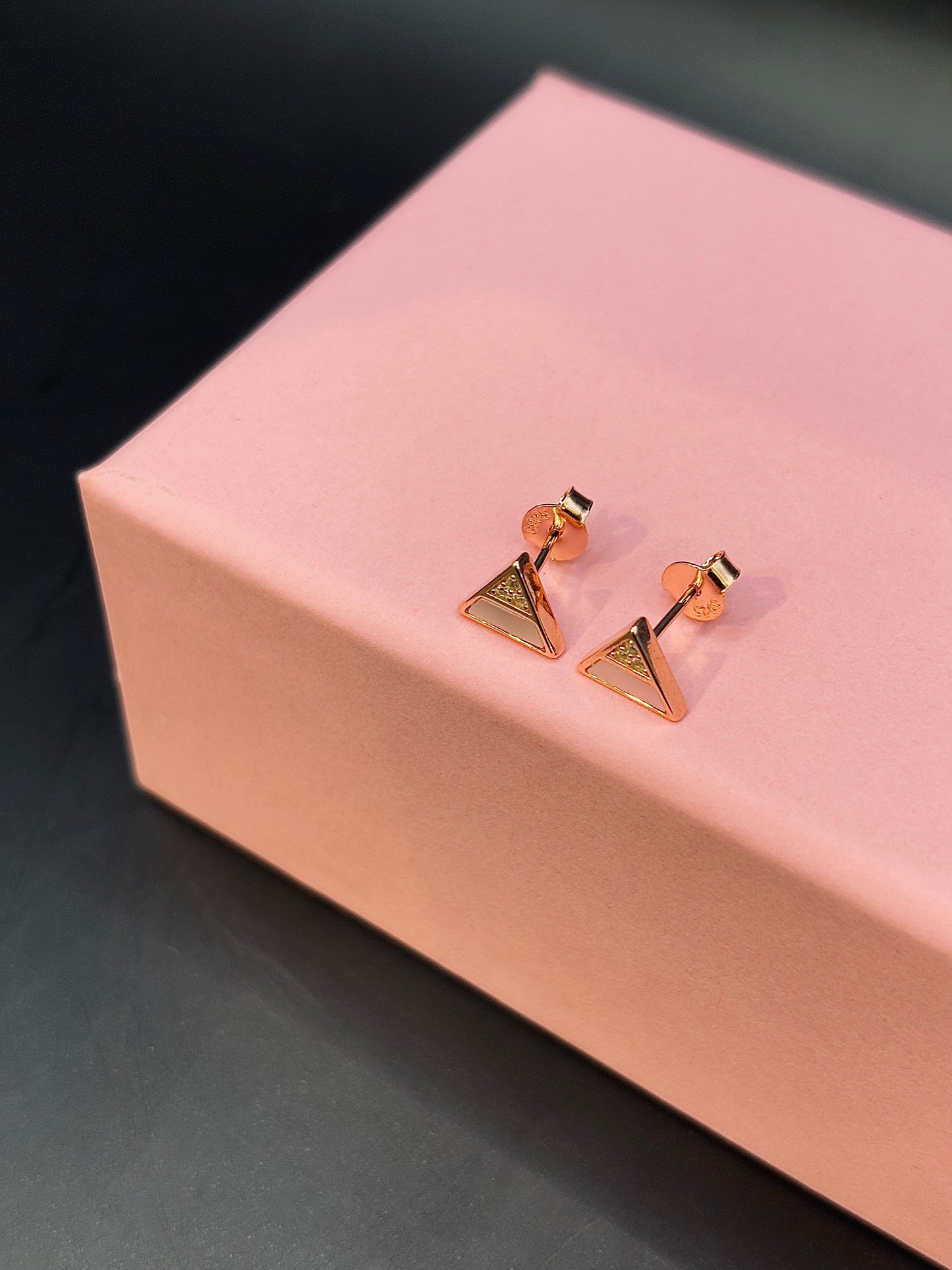 Sterling Silver Rose Gold Plated Triangular Stud Earring with Crystal TISA Silver Elegance