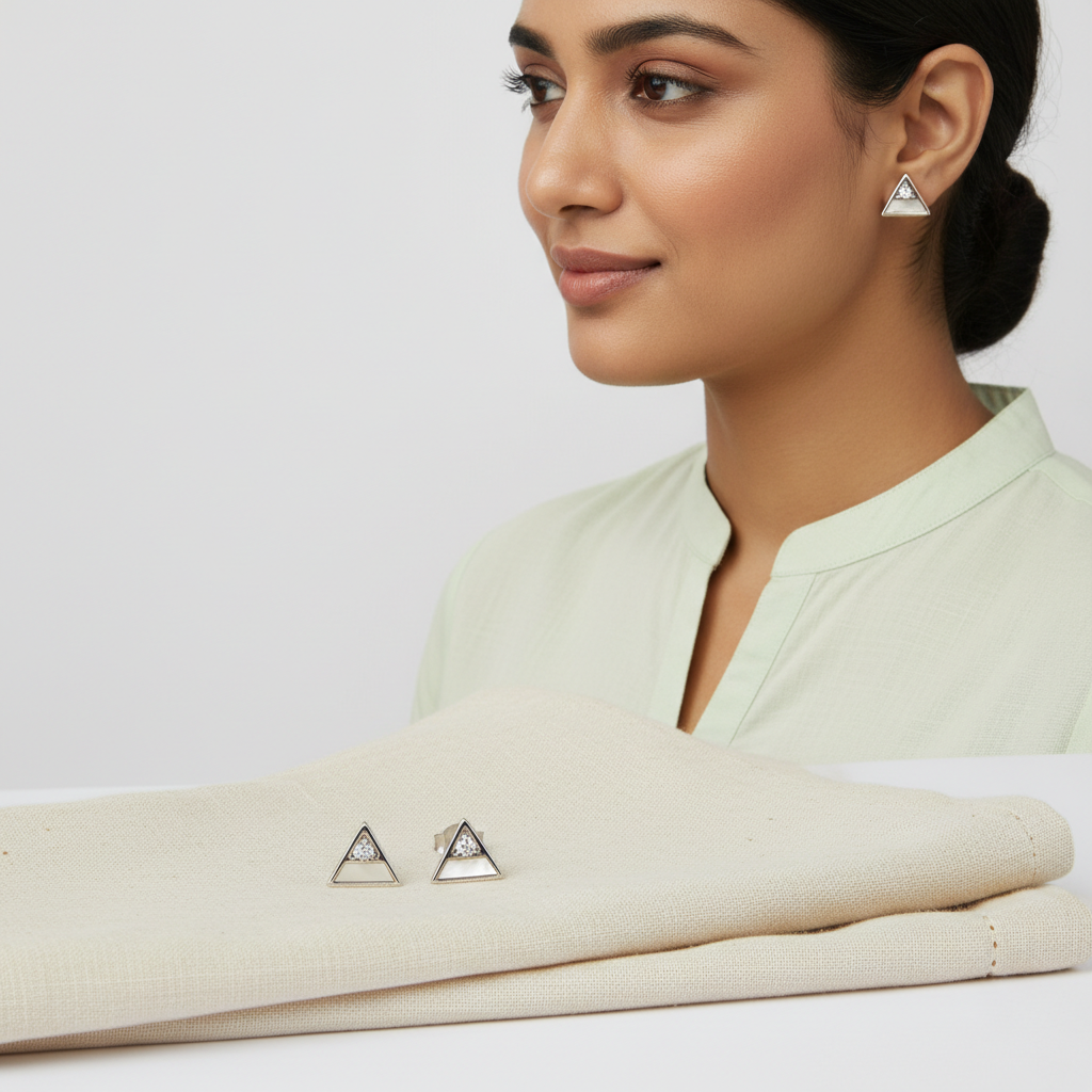 Geometry Triangle Baby Pink Crystal Stud Earrings TISA Silver Elegance