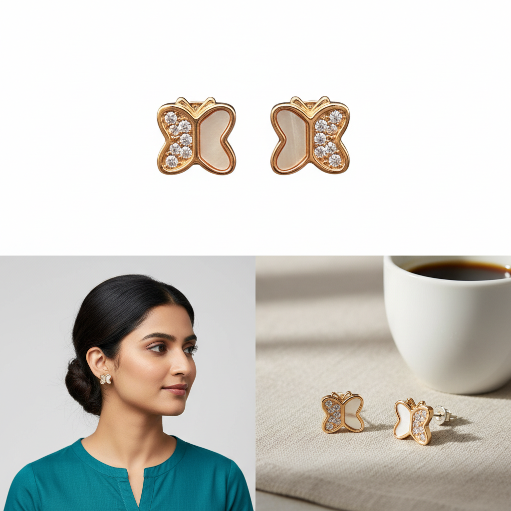 Cute Pink Butterfly Crystal Stud Earring TISA Silver Elegance