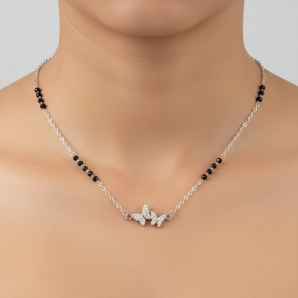 Dual Butterfly Shaped Cubic Zirconia Mangalsutra TISA Silver Elegance