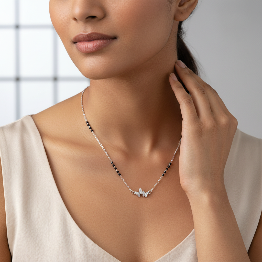 Dual Butterfly Shaped Cubic Zirconia Mangalsutra TISA Silver Elegance