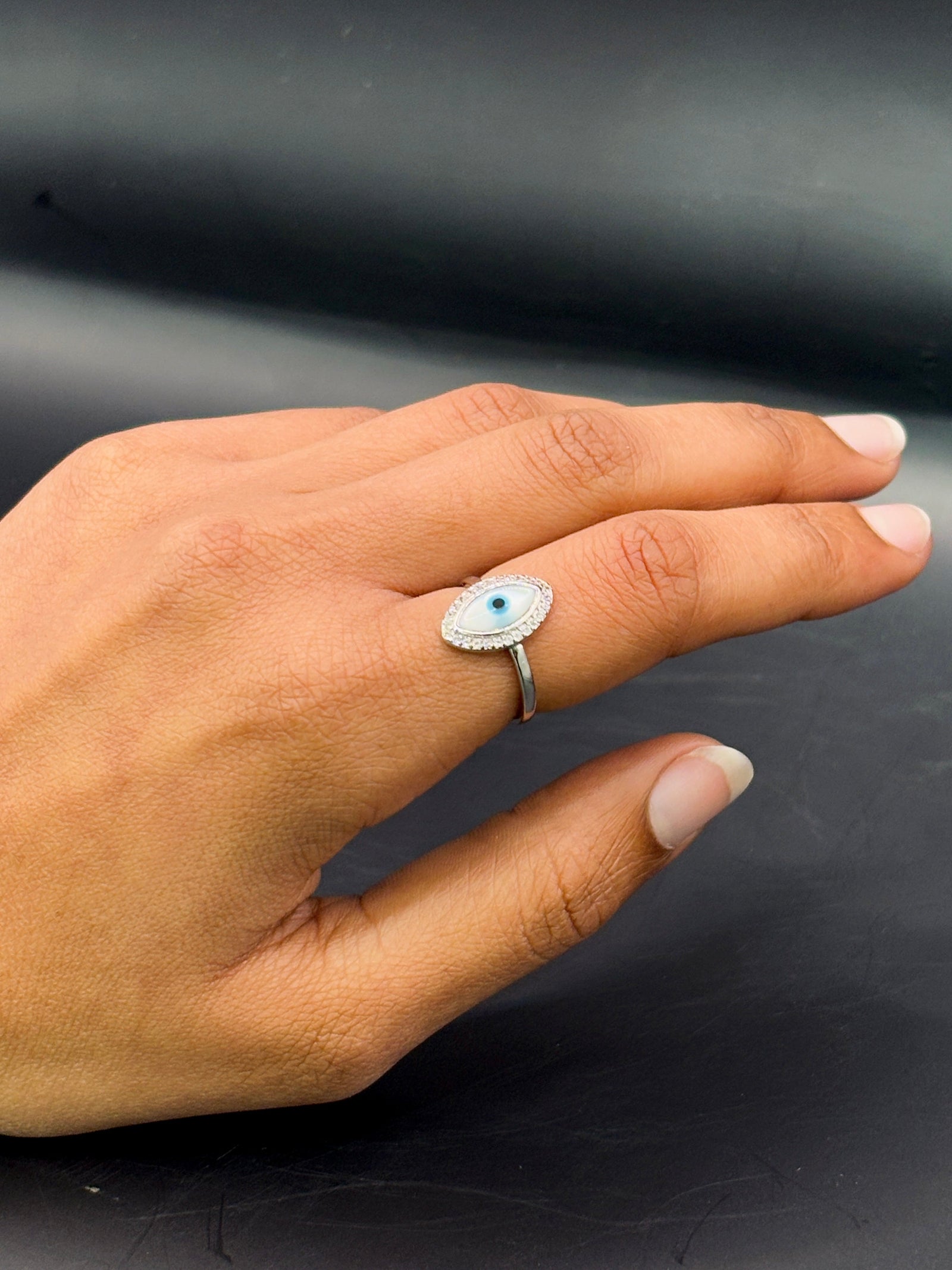 Eye Shaped Studded Evil Eye Ring TISA Silver Elegance