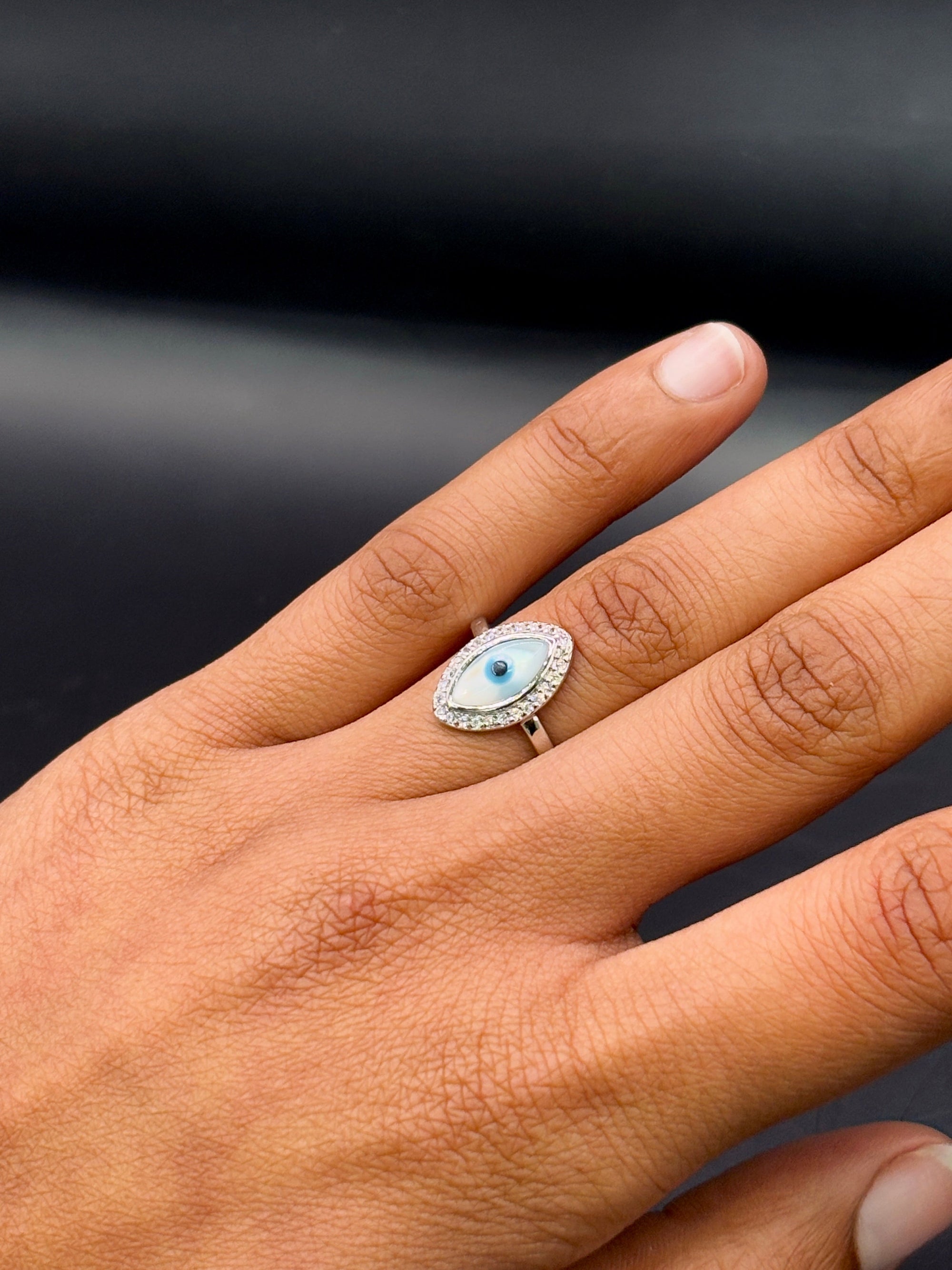 Eye Shaped Studded Evil Eye Ring TISA Silver Elegance