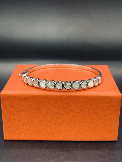 Pearly Enamel Heart with CZ Stone Sterling Silver Bangle TISA Silver Elegance