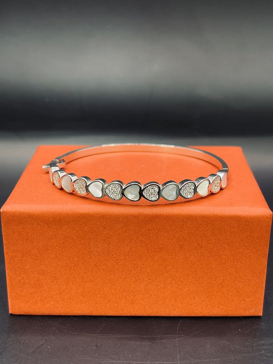 Pearly Enamel Heart with CZ Stone Sterling Silver Bangle TISA Silver Elegance