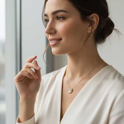 Rose Gold-Plated Silver Four Leaf Clover Flower Pavé Necklace — Lucky Bloom Elegance TISA Silver Elegance