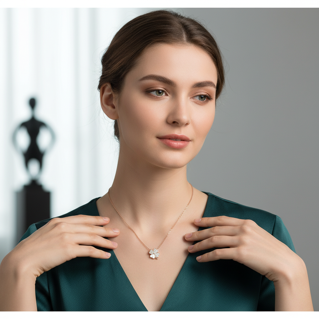 Rose Gold-Plated Silver Four Leaf Clover Flower Pavé Necklace — Lucky Bloom Elegance TISA Silver Elegance