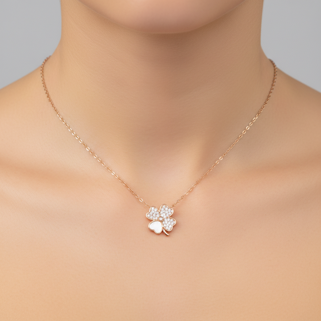 Rose Gold-Plated Silver Four Leaf Clover Flower Pavé Necklace — Lucky Bloom Elegance TISA Silver Elegance