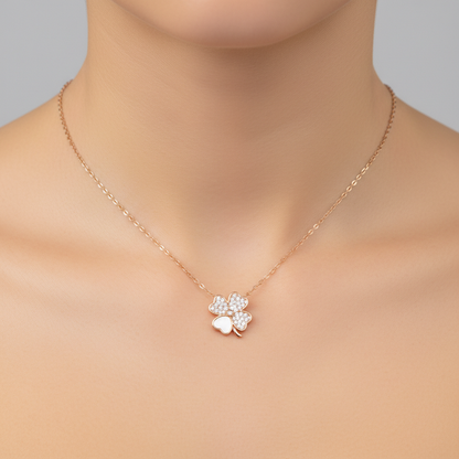 Rose Gold-Plated Silver Four Leaf Clover Flower Pavé Necklace — Lucky Bloom Elegance TISA Silver Elegance