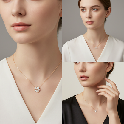 Rose Gold-Plated Silver Four Leaf Clover Flower Pavé Necklace — Lucky Bloom Elegance TISA Silver Elegance