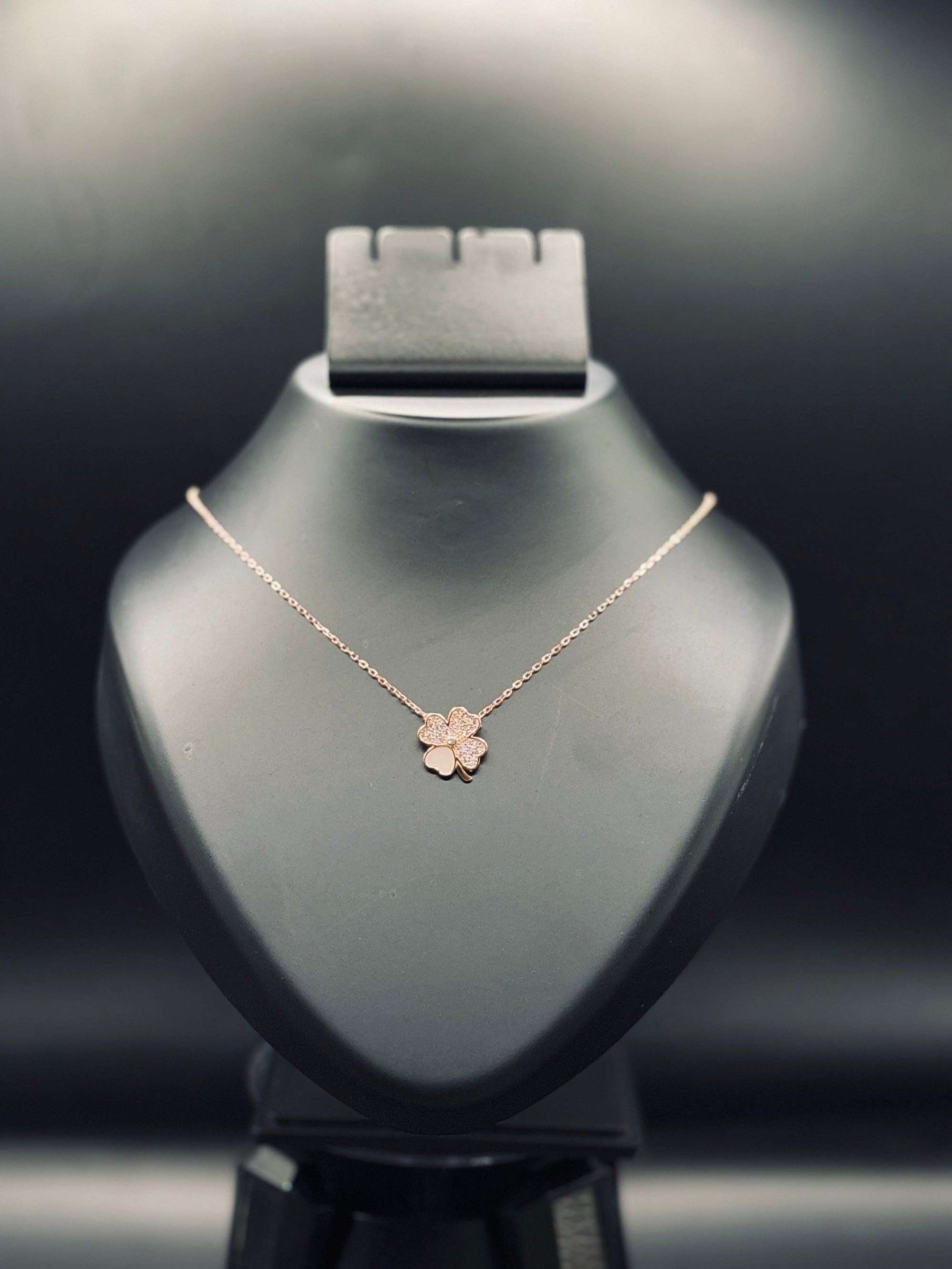Rose Gold-Plated Silver Four Leaf Clover Flower Pavé Necklace — Lucky Bloom Elegance TISA Silver Elegance