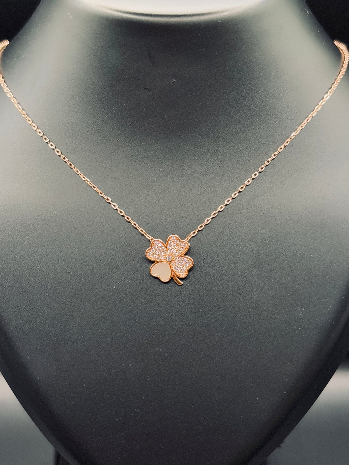 Rose Gold-Plated Silver Four Leaf Clover Flower Pavé Necklace — Lucky Bloom Elegance TISA Silver Elegance