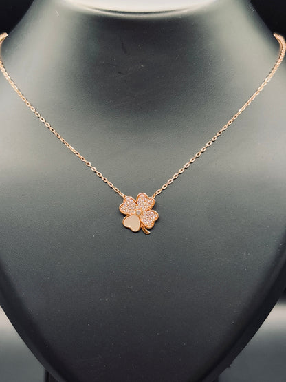 Rose Gold-Plated Silver Four Leaf Clover Flower Pavé Necklace — Lucky Bloom Elegance TISA Silver Elegance