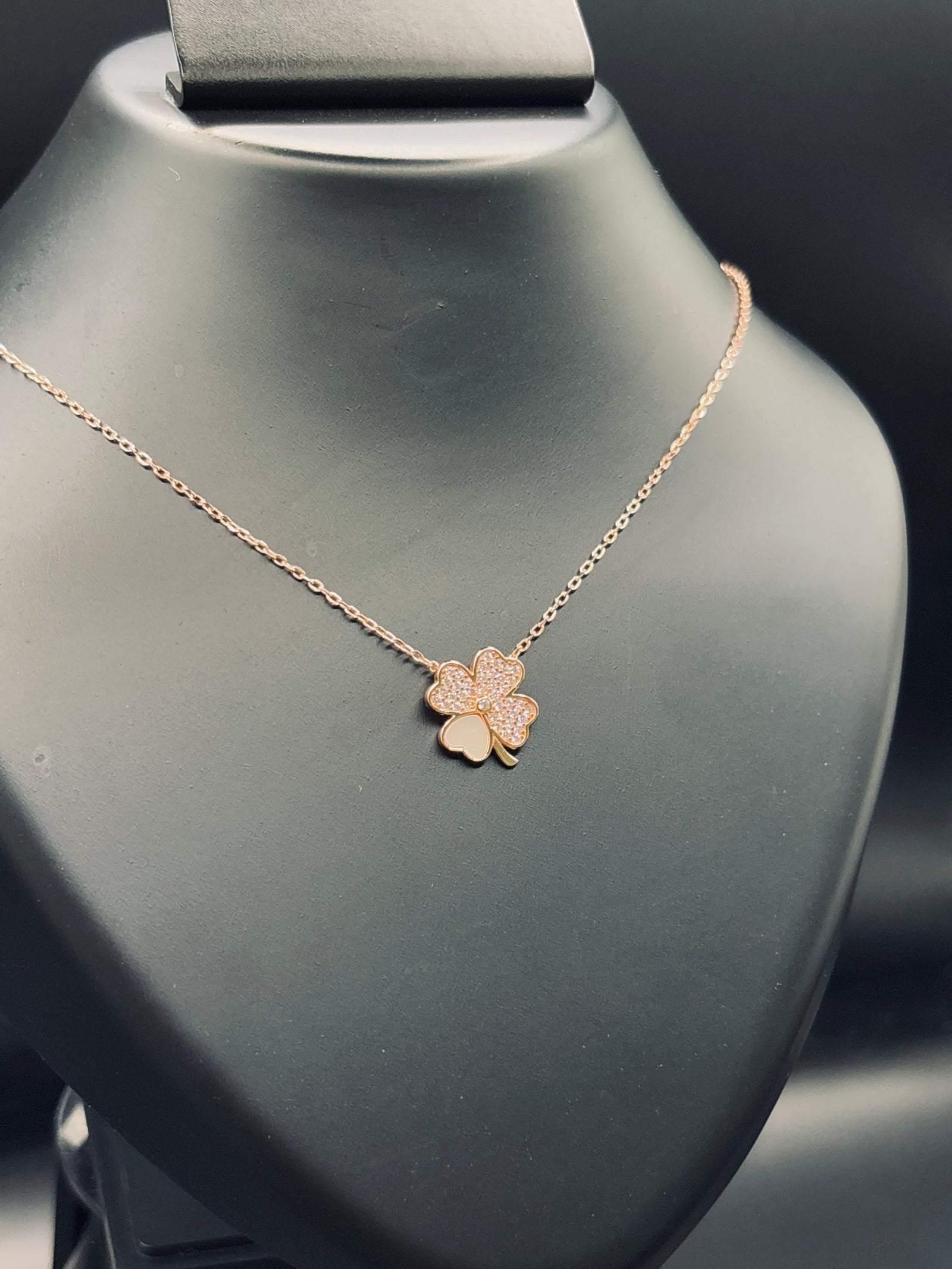 Rose Gold-Plated Silver Four Leaf Clover Flower Pavé Necklace — Lucky Bloom Elegance TISA Silver Elegance