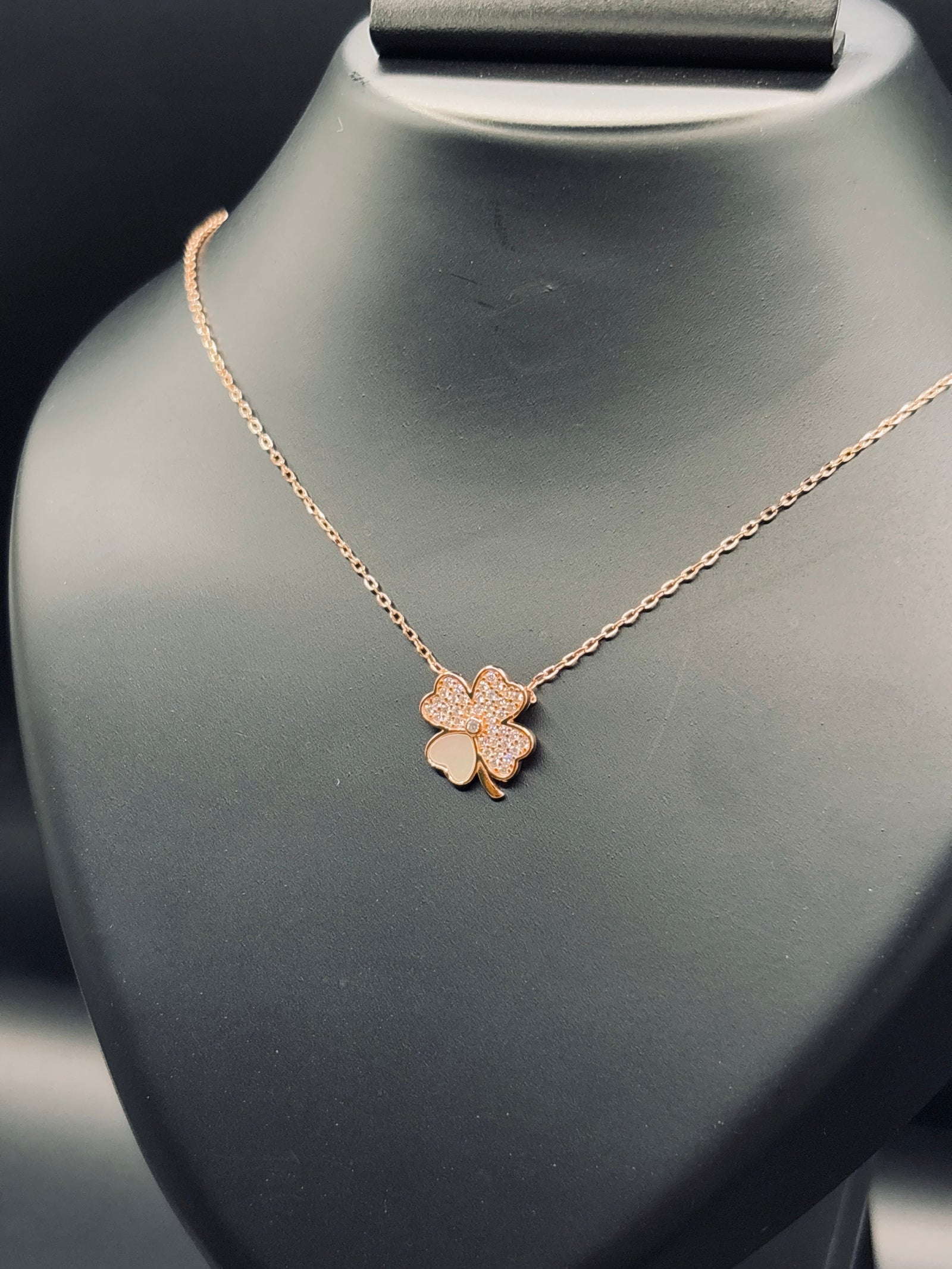 Rose Gold-Plated Silver Four Leaf Clover Flower Pavé Necklace — Lucky Bloom Elegance TISA Silver Elegance