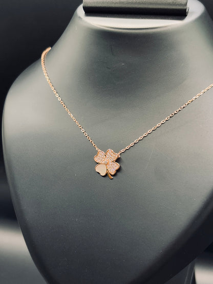 Rose Gold-Plated Silver Four Leaf Clover Flower Pavé Necklace — Lucky Bloom Elegance TISA Silver Elegance