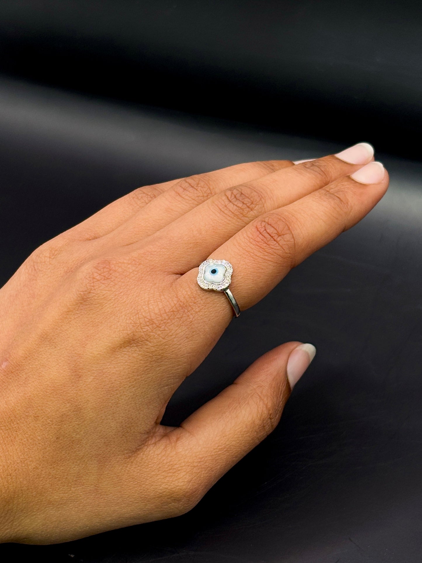 Sparkling Silver Clover Evil Eye Ring TISA Silver Elegance