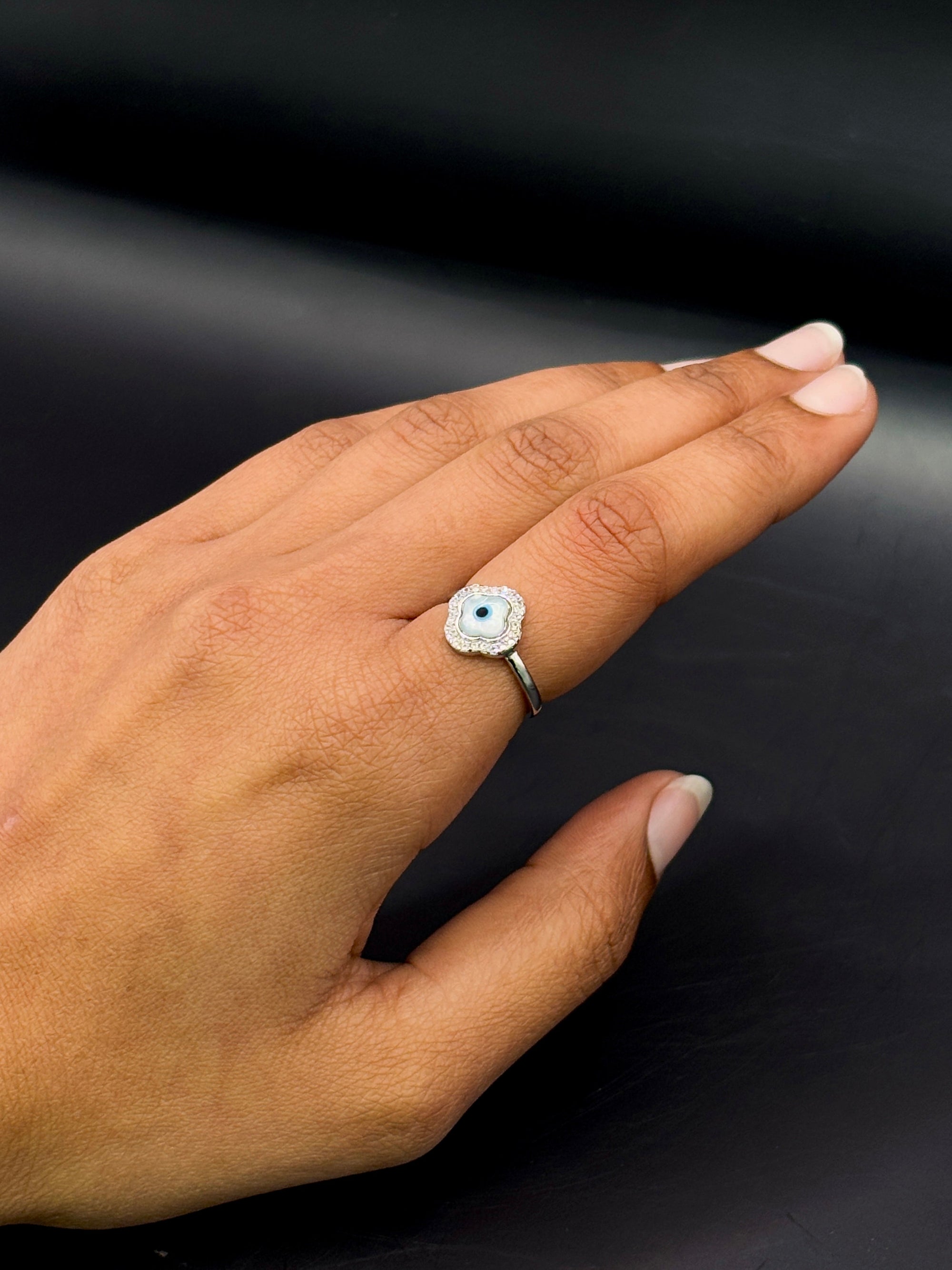 Sparkling Silver Clover Evil Eye Ring TISA Silver Elegance