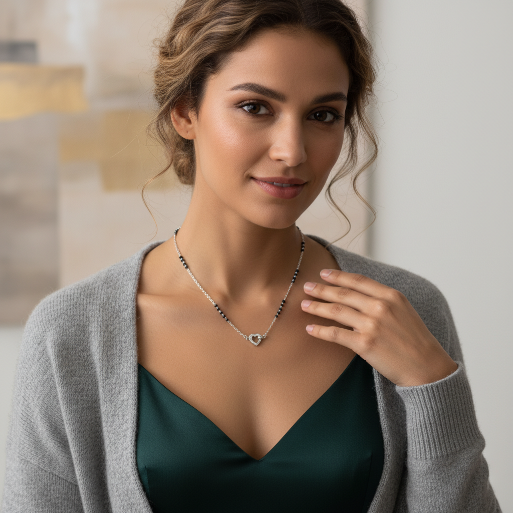 Sparkling Silver Heart Lite Mangalsutra TISA Silver Elegance