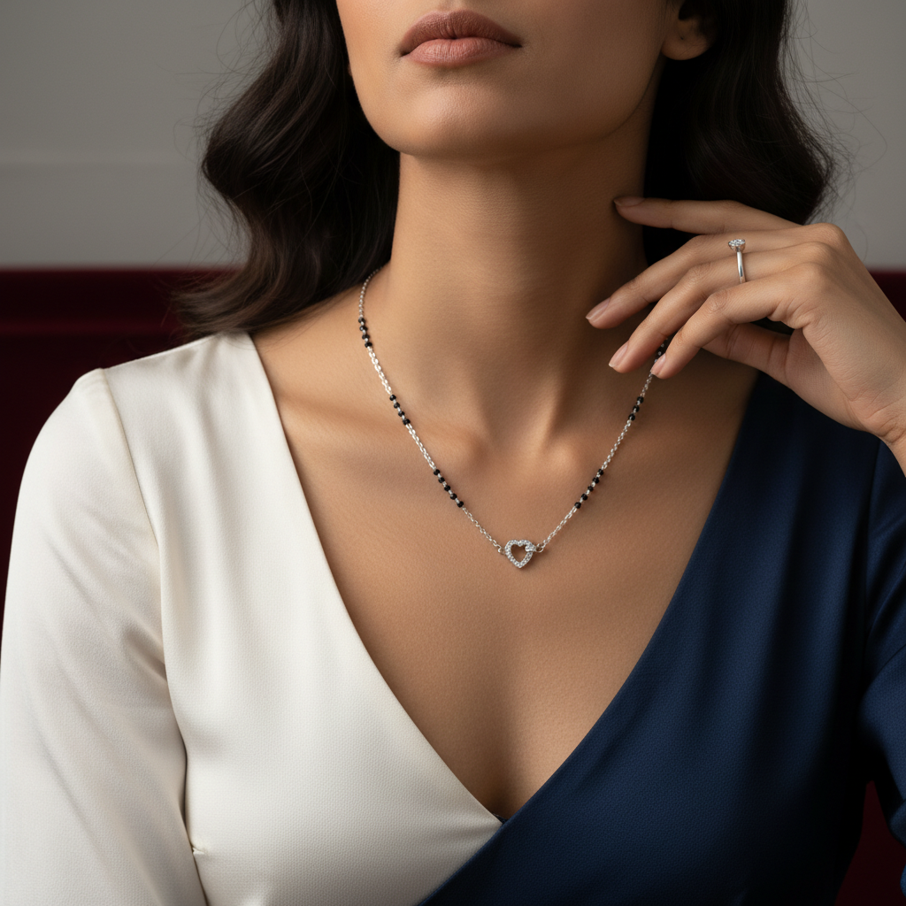 Sparkling Silver Heart Lite Mangalsutra TISA Silver Elegance