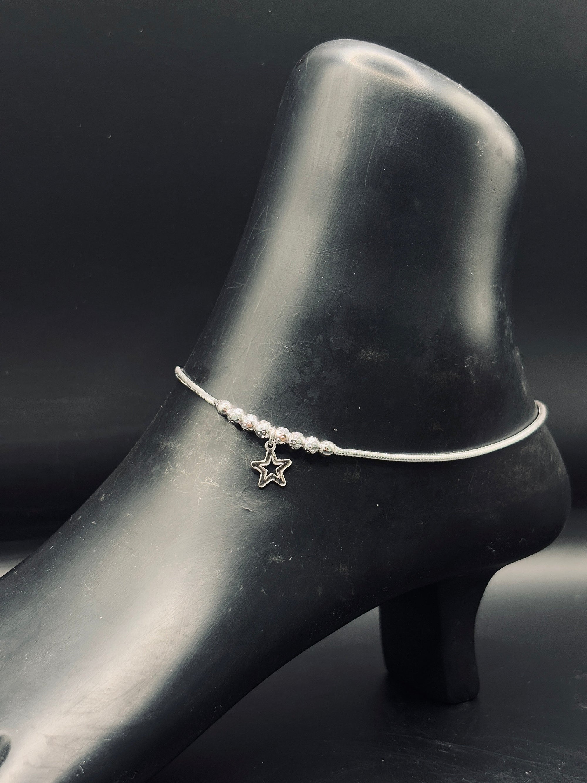 Sterling Silver Anklet with Star & Beads Charm TISA Silver Elegance
