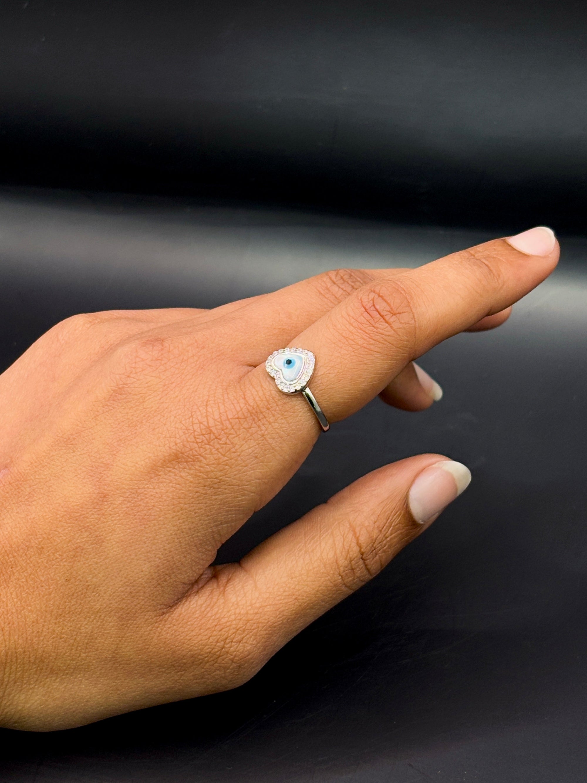 Sterling Silver Love Shaped Evil Eye Ring TISA Silver Elegance