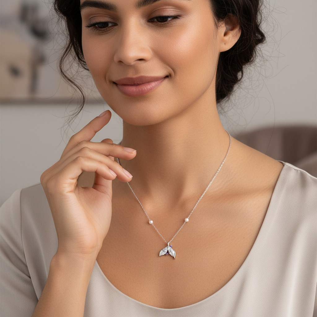 Sterling Silver Dolphin Tail Necklace with Pearl — Grace in Motion TISA Silver Elegance