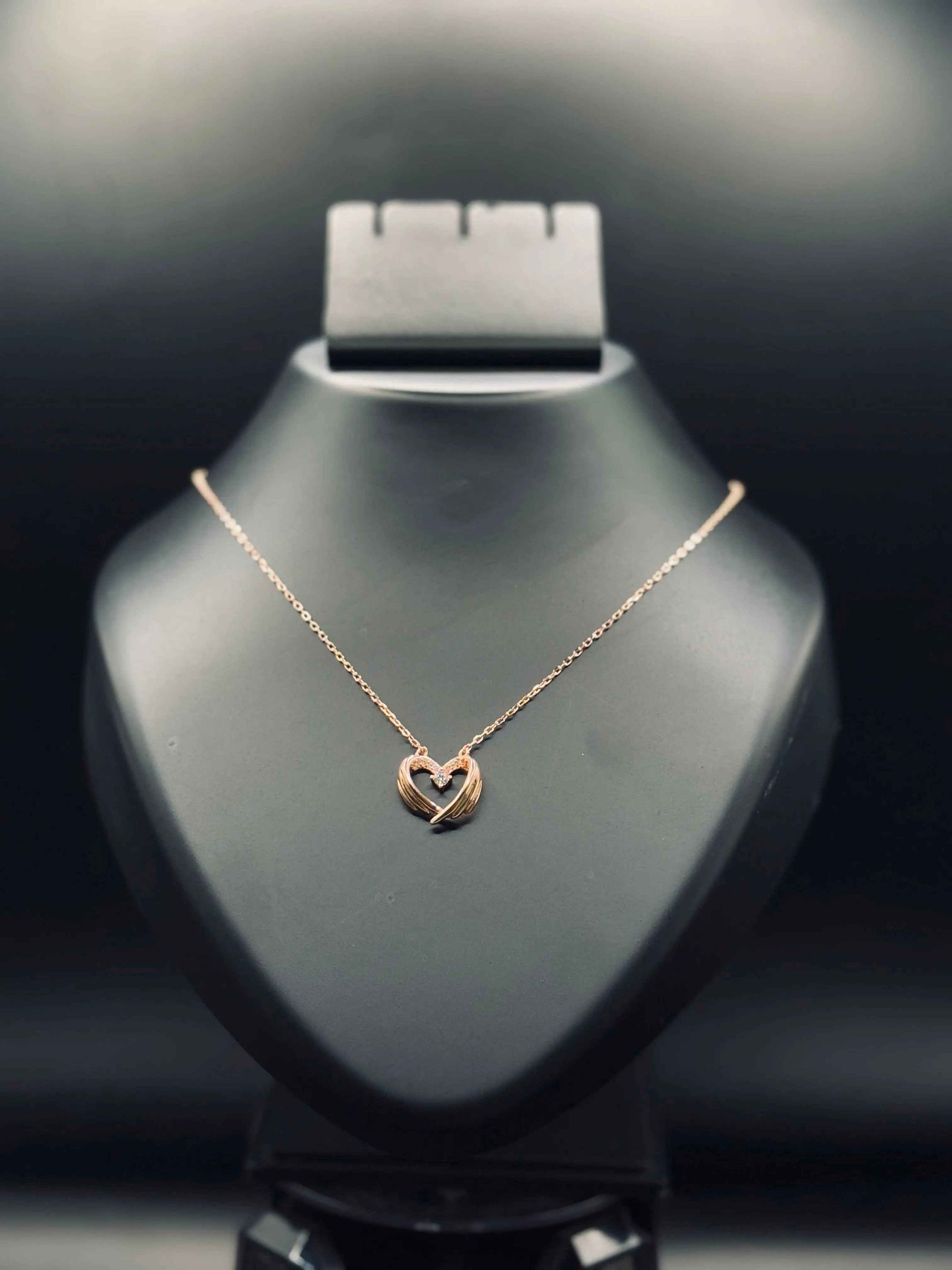 Rose Gold-Plated Angel Wings Heart Pendant Necklace with Cubic Zirconia