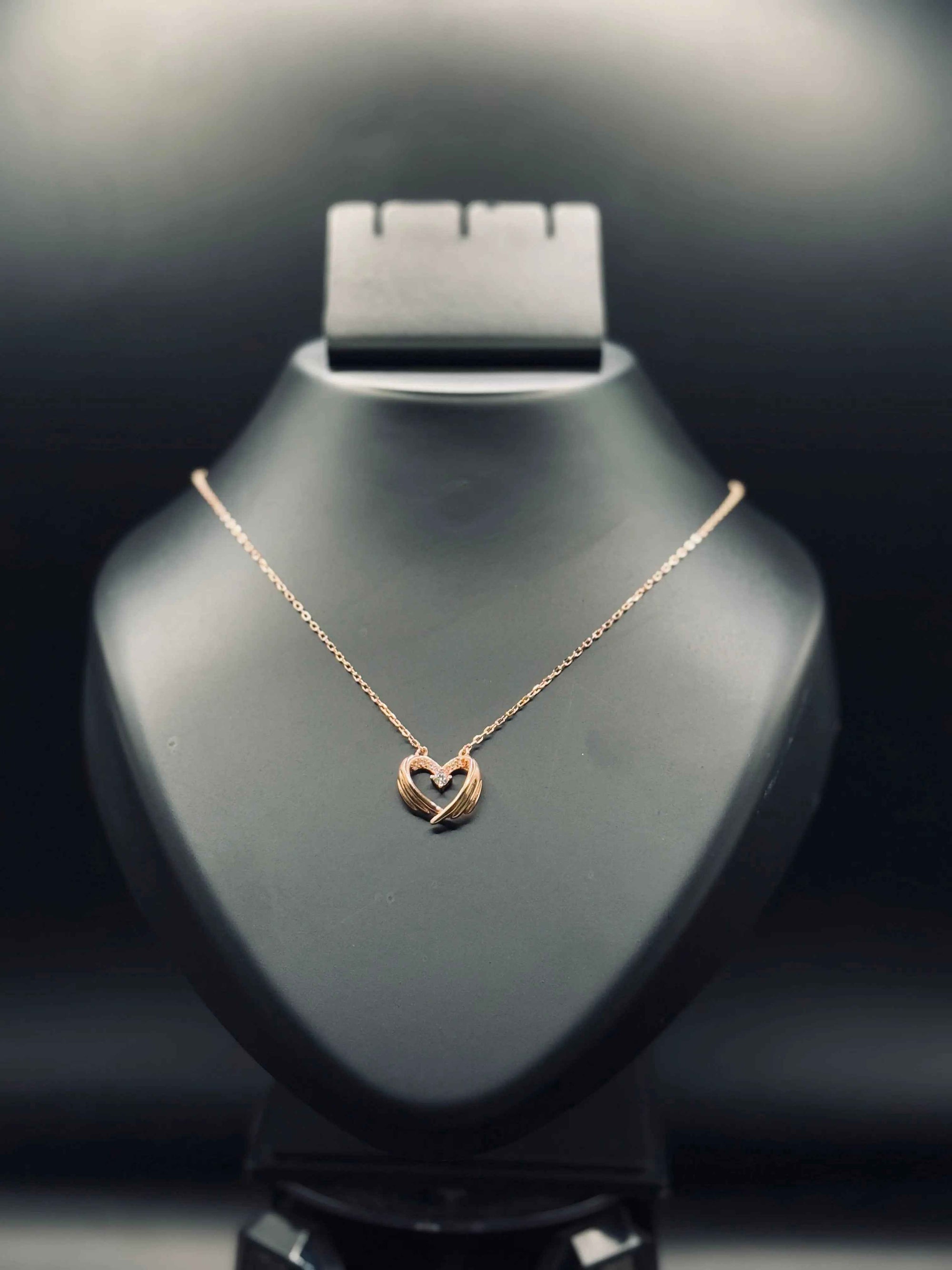 Rose Gold-Plated Angel Wings Heart Pendant Necklace with Cubic Zirconia