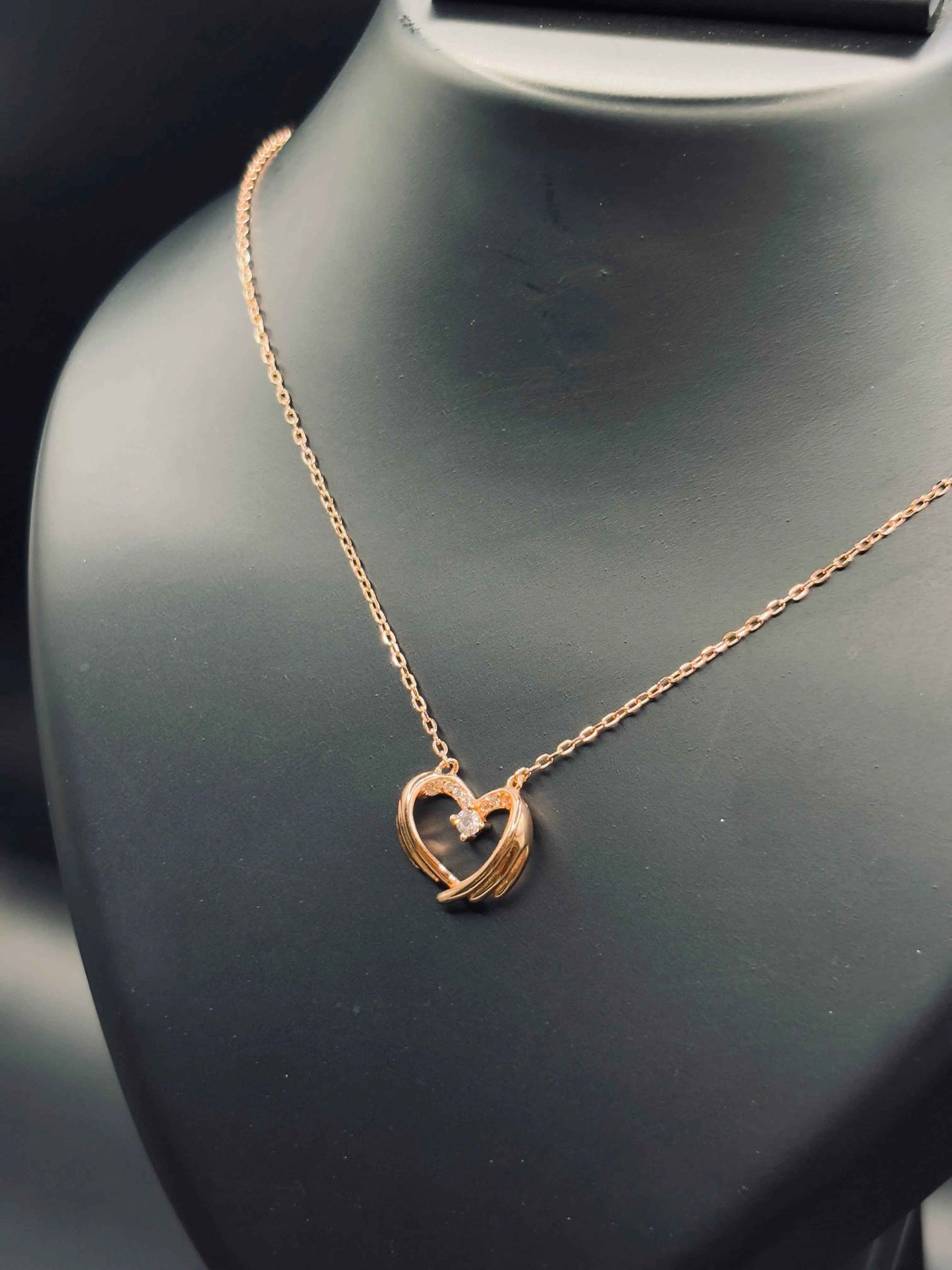 Rose Gold-Plated Angel Wings Heart Pendant Necklace with Cubic Zirconia