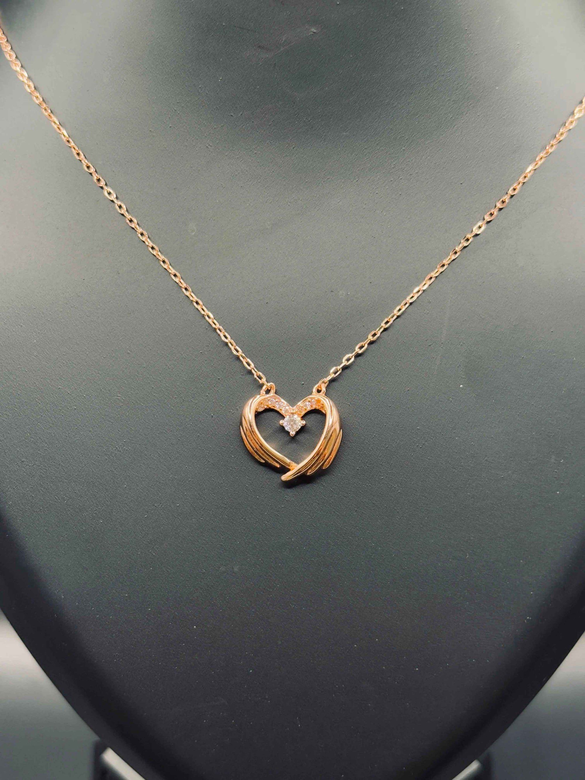 Rose Gold-Plated Angel Wings Heart Pendant Necklace with Cubic Zirconia