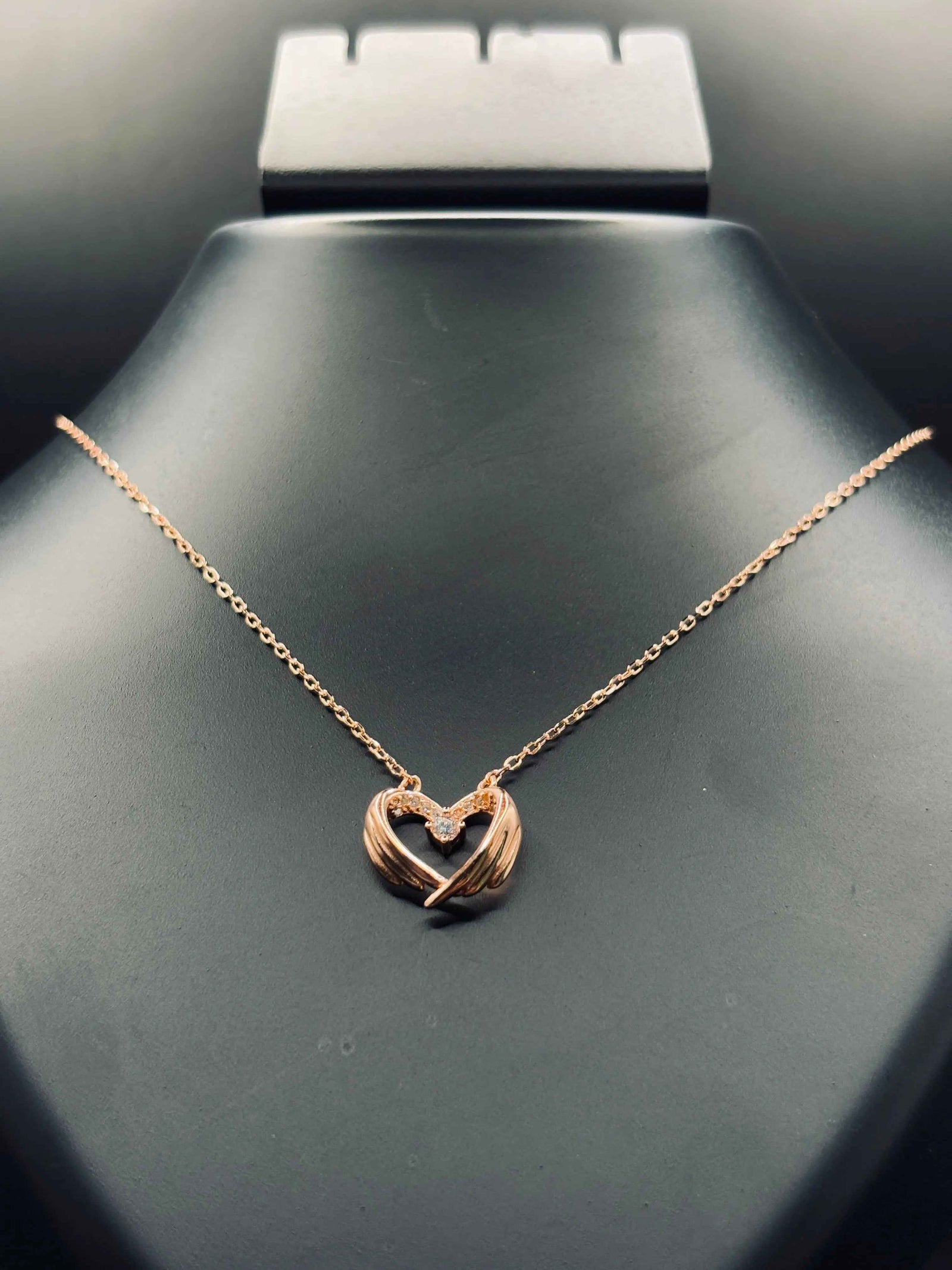 Rose Gold-Plated Angel Wings Heart Pendant Necklace with Cubic Zirconia