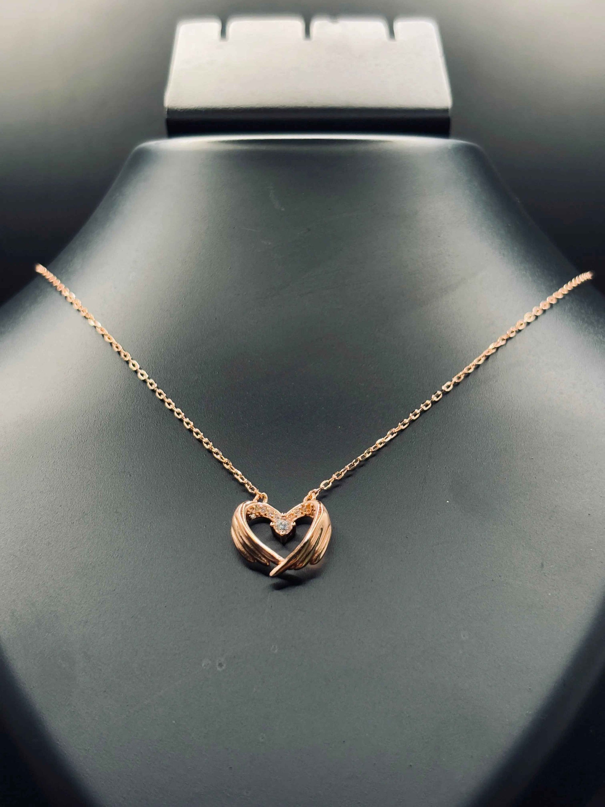 Rose Gold-Plated Angel Wings Heart Pendant Necklace with Cubic Zirconia