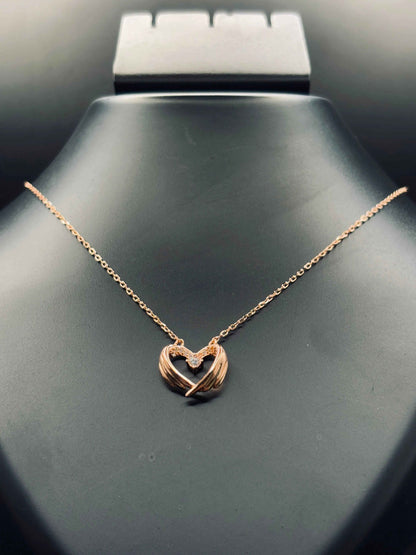 Rose Gold-Plated Angel Wings Heart Pendant Necklace with Cubic Zirconia